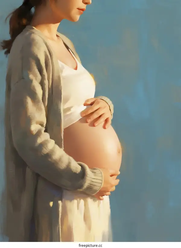 Pregnant woman holding belly with gentle sunlight in soft blue background