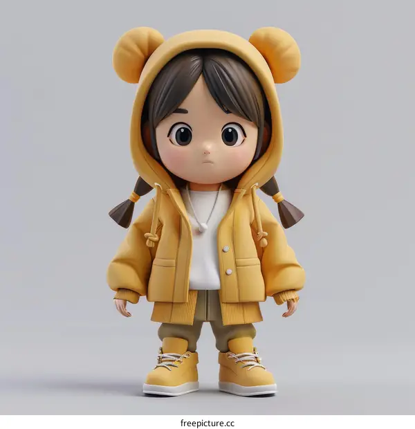 3D rendering of a cute cartoon girl wearing a yellow hoodie