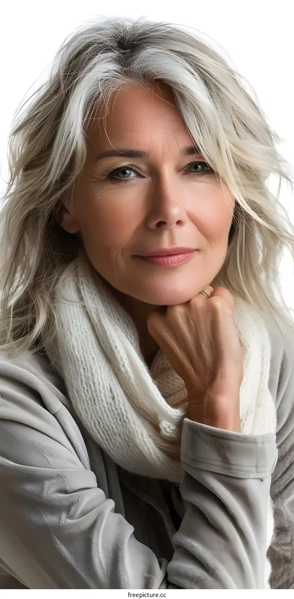 Portrait of a Beautiful Senior Woman with Gray Hair Wearing a White Scarf