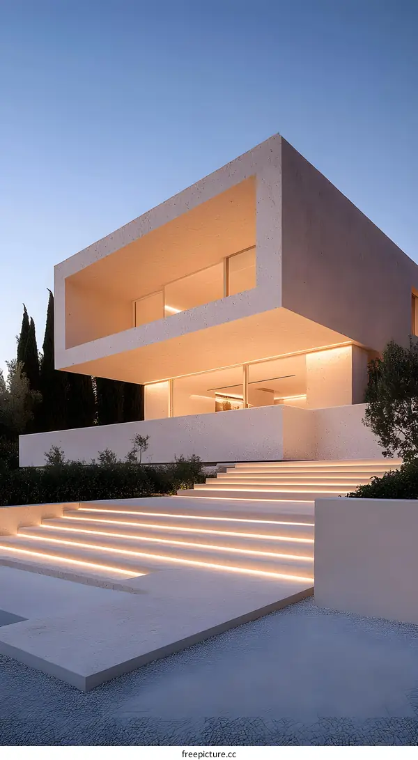 Modern Home Exterior with Stone Walls and a Long Staircase