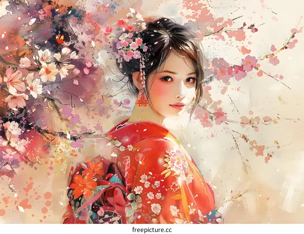 Beautiful Asian Woman in Traditional Kimono with Cherry Blossoms