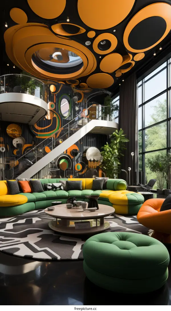 A stunning living room with a modern and colorful design