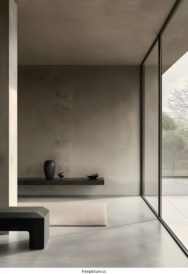 Minimalist Interior Design with Concrete Walls and a Large Window