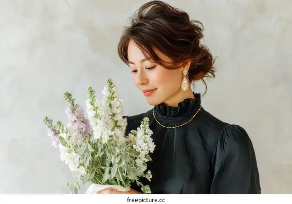 Asian Woman Holding Flowers in Elegant Black Dress