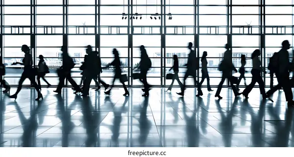 Silhouettes of People Walking in a Large Glass Building
