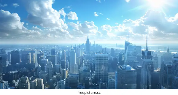 New York City Skyline with Blue Skies and White Clouds