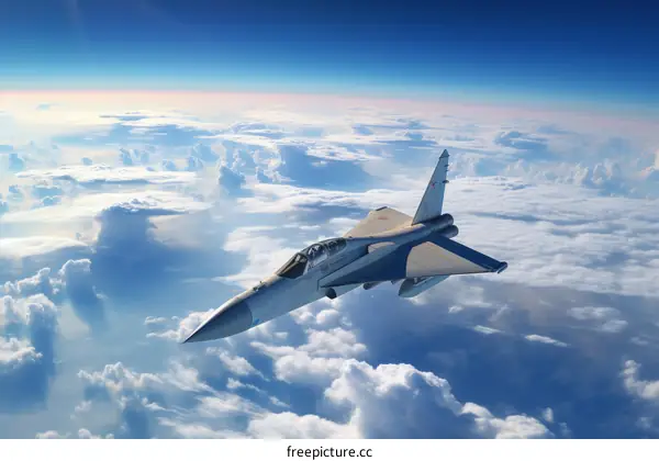 A military fighter jet flies high above the clouds