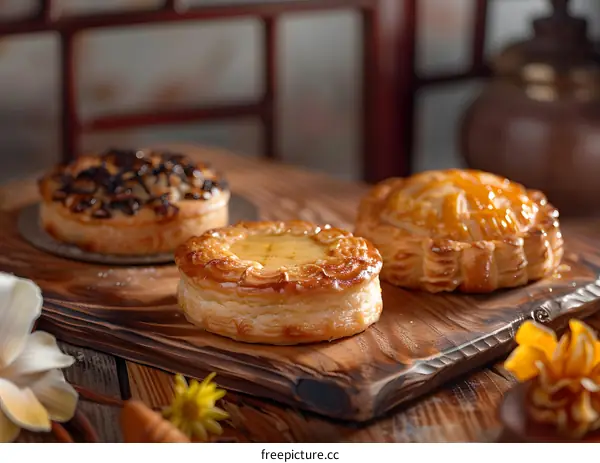 Delicious Pastry Tarts on Wooden Cutting Board