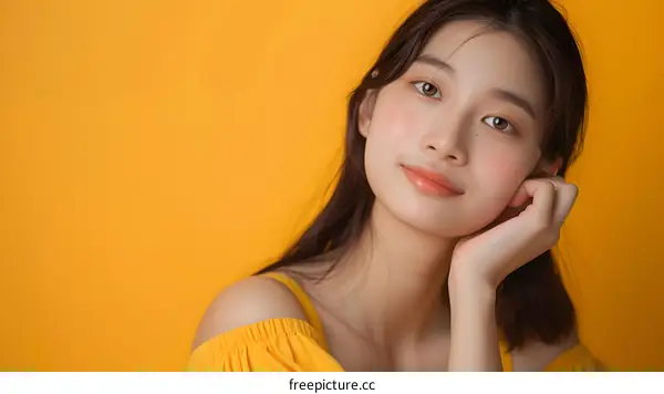 Young Asian Woman With Yellow Dress Posing on Yellow Background