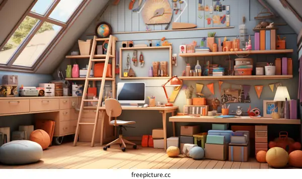 Disorganized attic room with desk and computer in bright light