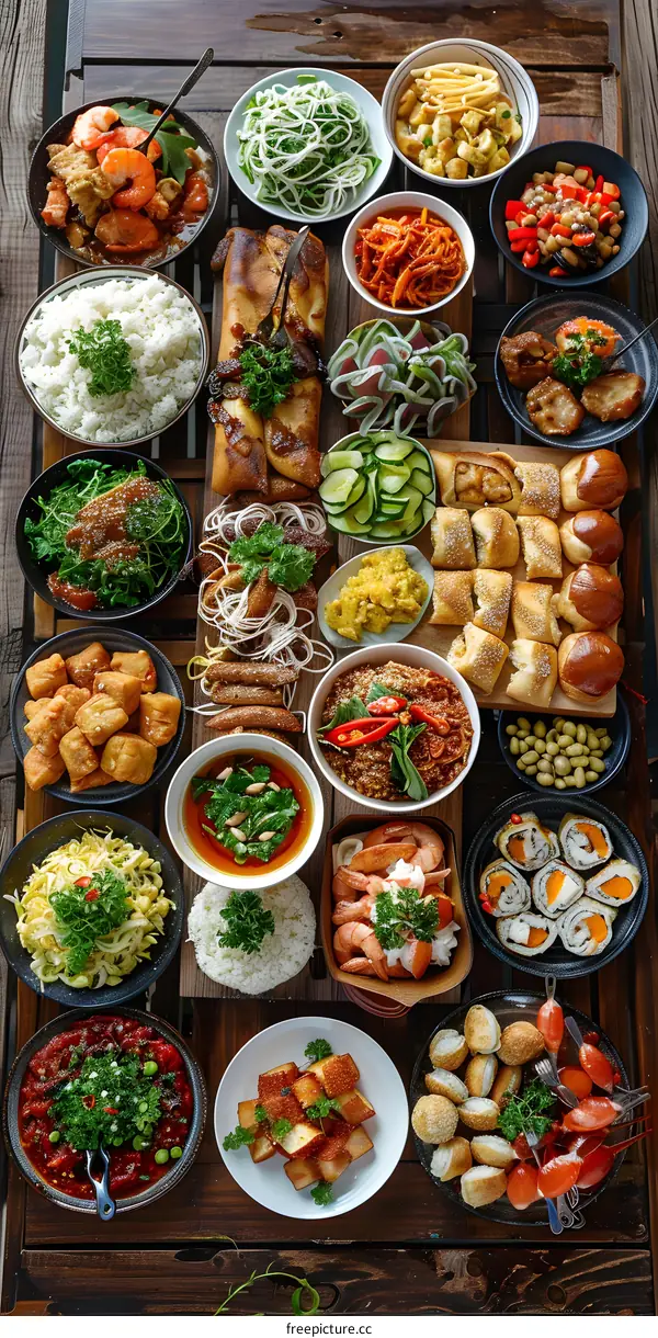 A large table filled with many different types of food.