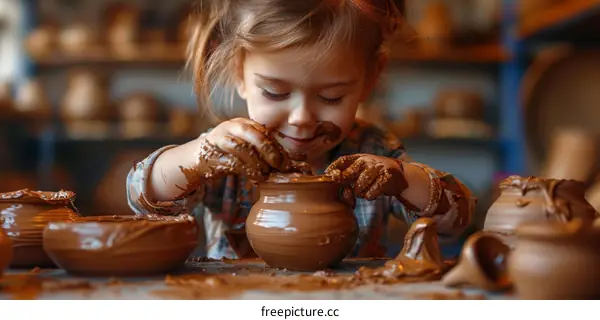 Little girl having fun playing with clay