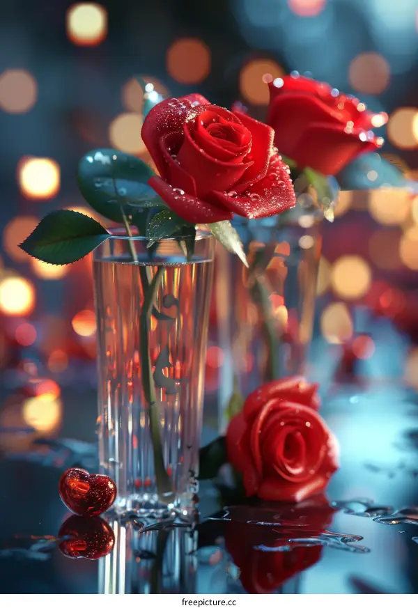 Sensuous Red Roses in a Glass Vase with Water Drops