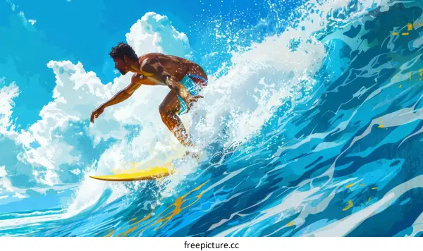 man surfing on the high sea with blue sky and white clouds