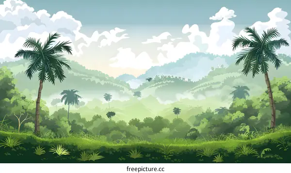 Green Tropical Jungle Landscape With Palm Trees