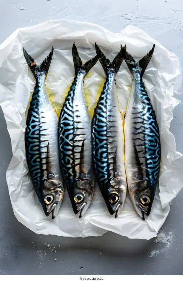 Four raw mackerels on white paper ready to be cooked
