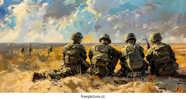 Four soldiers are resting on the sand dunes in the middle of the desert during the Gulf War.