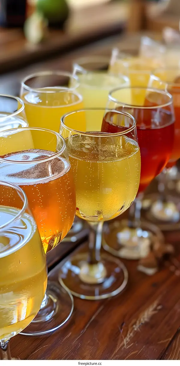 Close Up of Glasses of Cider on a Wooden Table