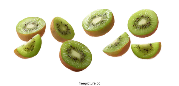 [Transparent Background PNG]Kiwi Slices in Flight Against a White Background