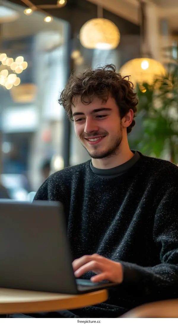 Young Man Working on Laptop in Cafe