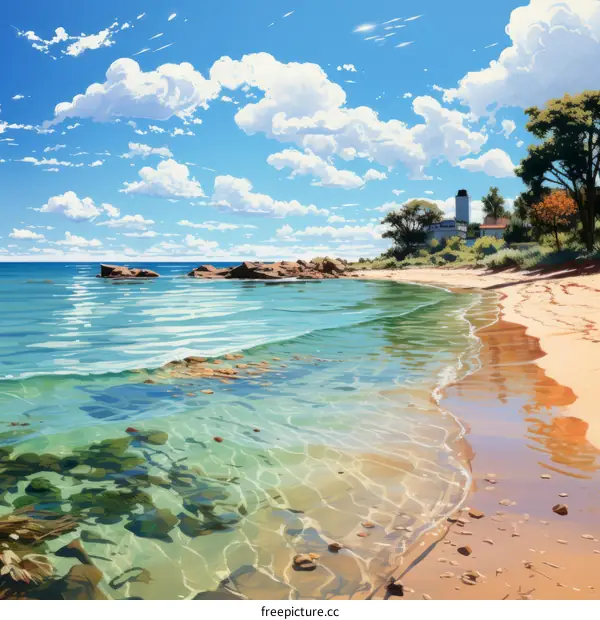 Rocky beach with lighthouse