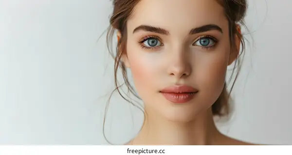 Beautiful Woman with Blue Eyes and Light Makeup Looking at the Camera
