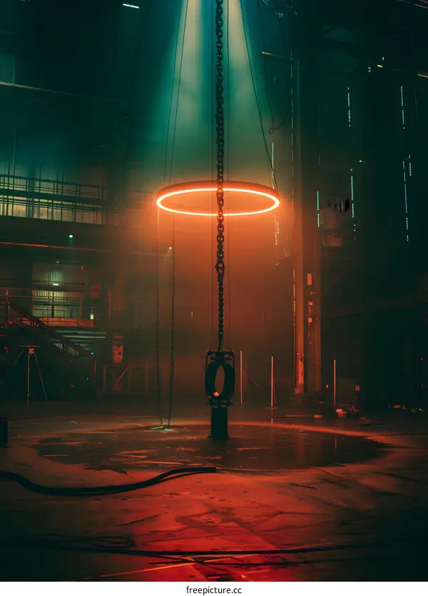 Red Light Circle Hanging From Chains in Industrial Building