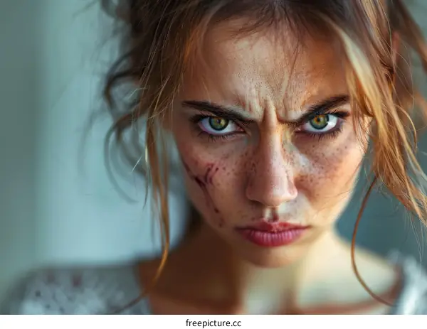 Close Up Portrait of a Caucasian Woman with Intense Expression