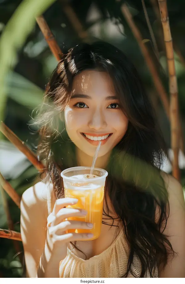 Smiling Woman Drinking Orange Juice In The Garden