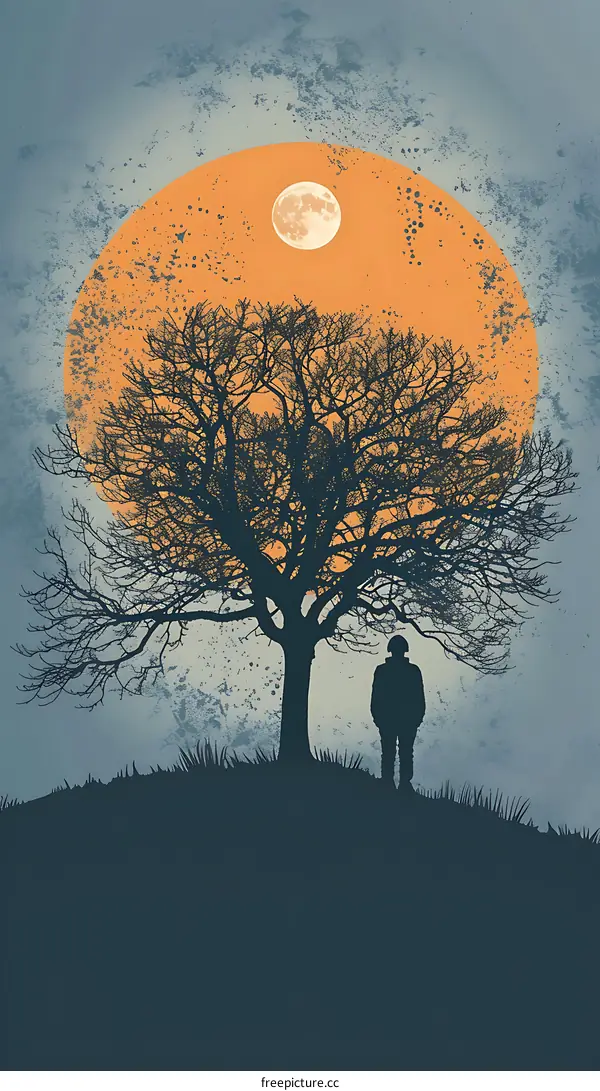 Silhouette of a Person Standing Under a Tree with a Large Orange Moon