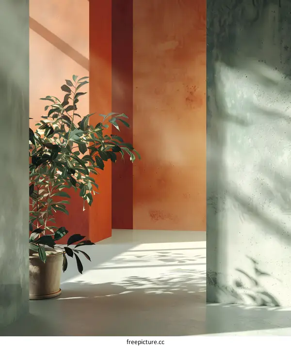 Minimalist Interior Design with Green Plant and Concrete Walls