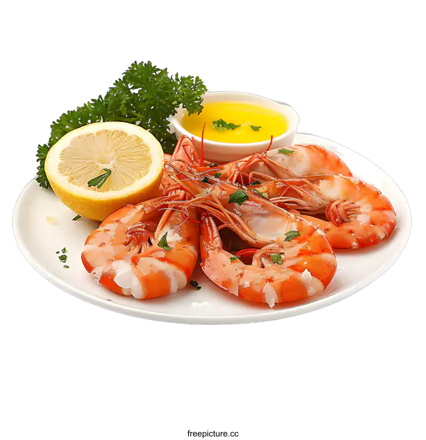 [Transparent Background PNG]food photography of cooked tiger prawns with lemon and parsley