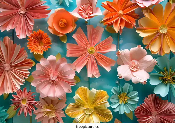 Pink and yellow paper flowers on a blue background