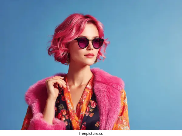 Fashionable Woman with Pink Hair and Sunglasses