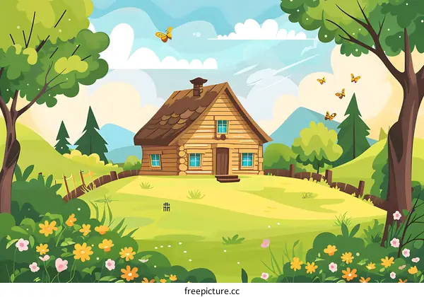 Cute Cartoon Wooden House in the Forest