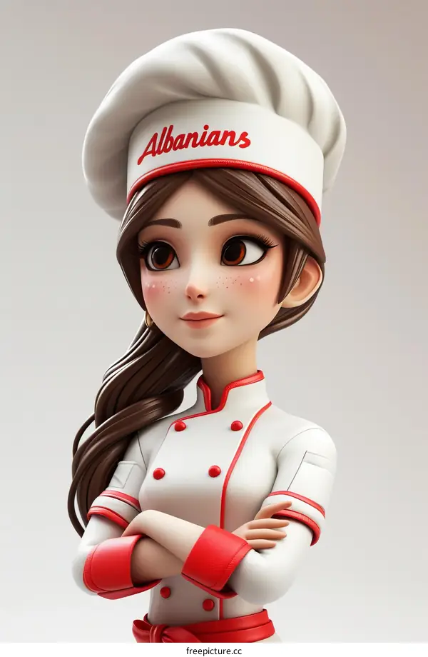 A 3D illustration of a female chef wearing a toque and red apron