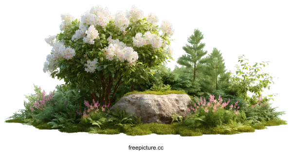 [Transparent Background PNG]Spring Garden Design with Blossoms and Rocks