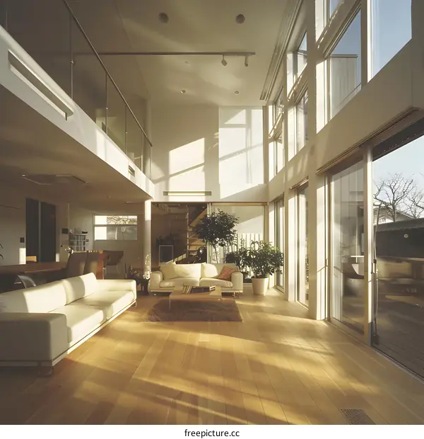 Modern Living Room Interior Design with Large Windows and Sunlight