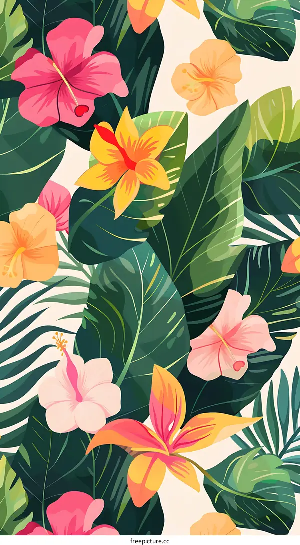 Tropical Floral Pattern Design with Hibiscus and Palm Leaves
