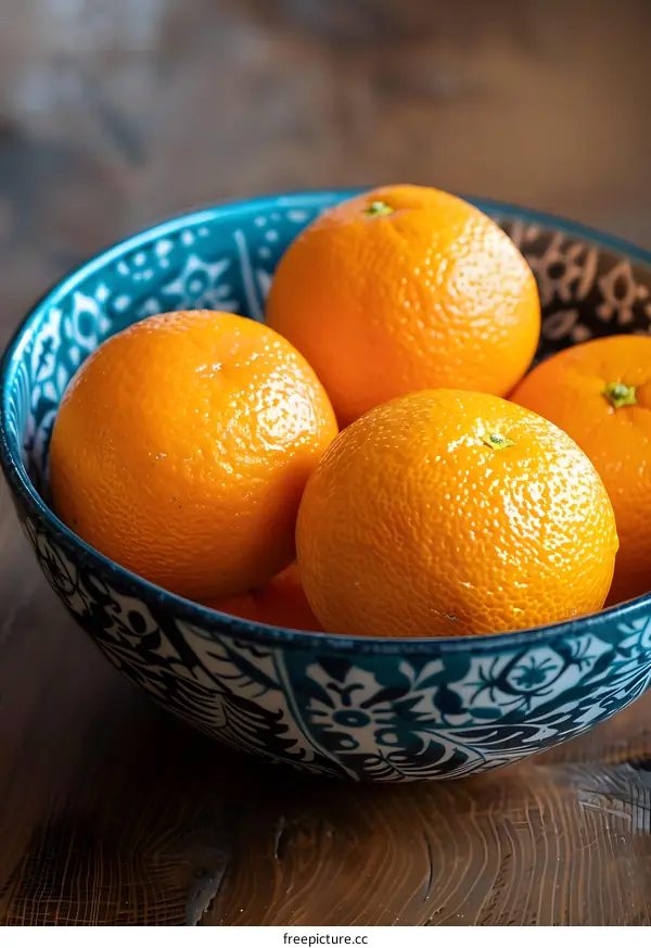Oranges in a Decorative Bowl on Wooden Table