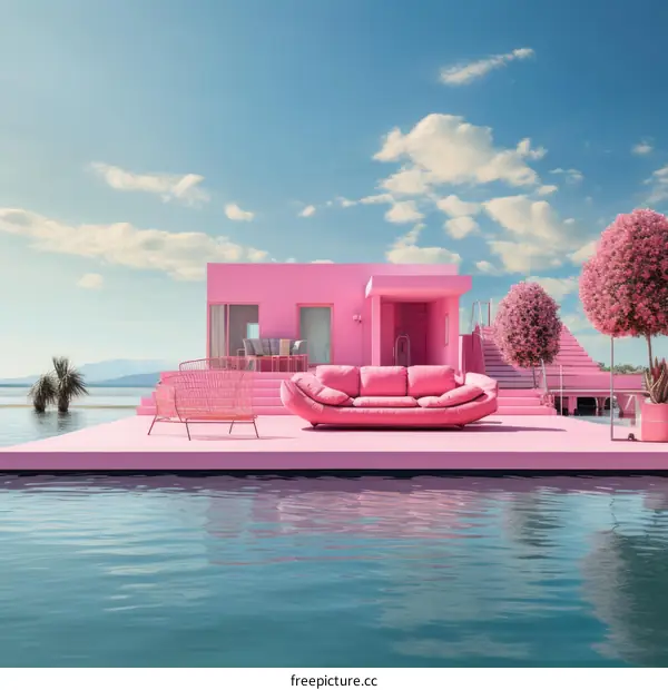 Pink House and Sofa by Water