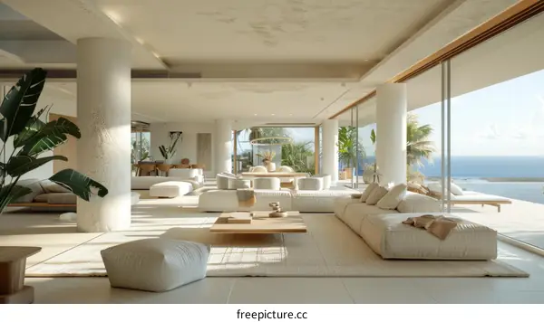 Modern minimalist interior design living room with large windows and ocean view