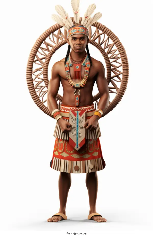 Portrait of a Native American man wearing a traditional headdress and clothing