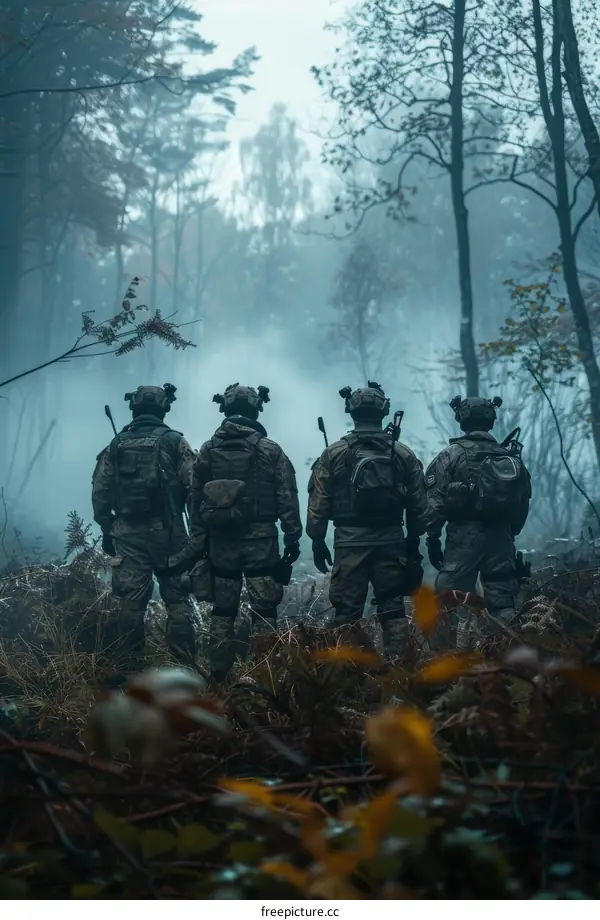 Four soldiers in the woods wearing military gear