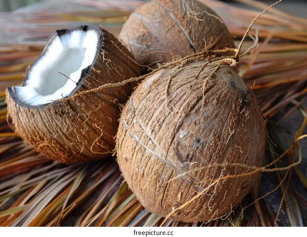 Fresh Coconuts on Dried Palm Leaves