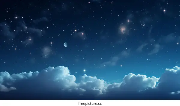 Starry Night Sky with Clouds and Crescent Moon
