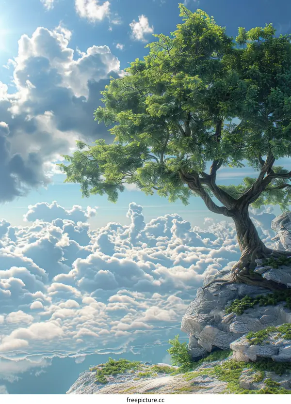 Fantasy Landscape with a Lonely Tree on a Floating Rock