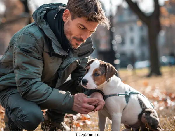 A man is training a puppy in the park