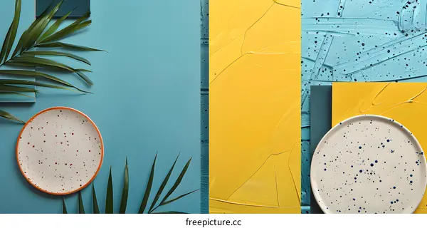 Abstract Flat Lay with Plates and Palm Leaves