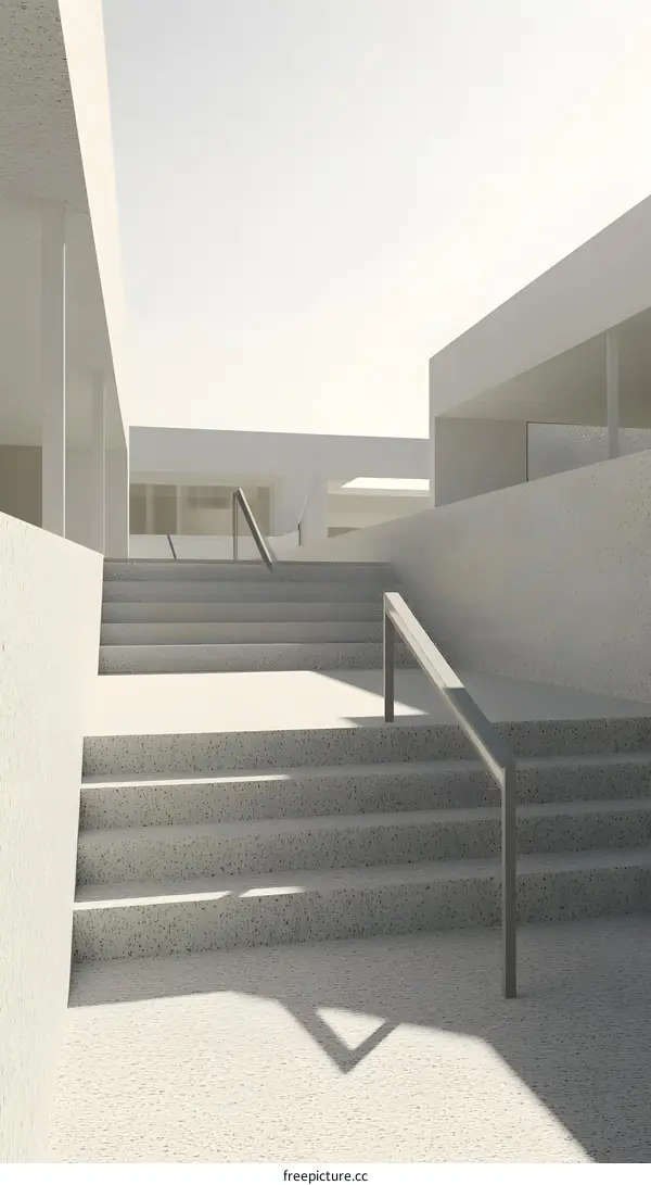Minimalist White Concrete Staircase with a Railing in a Modern Building